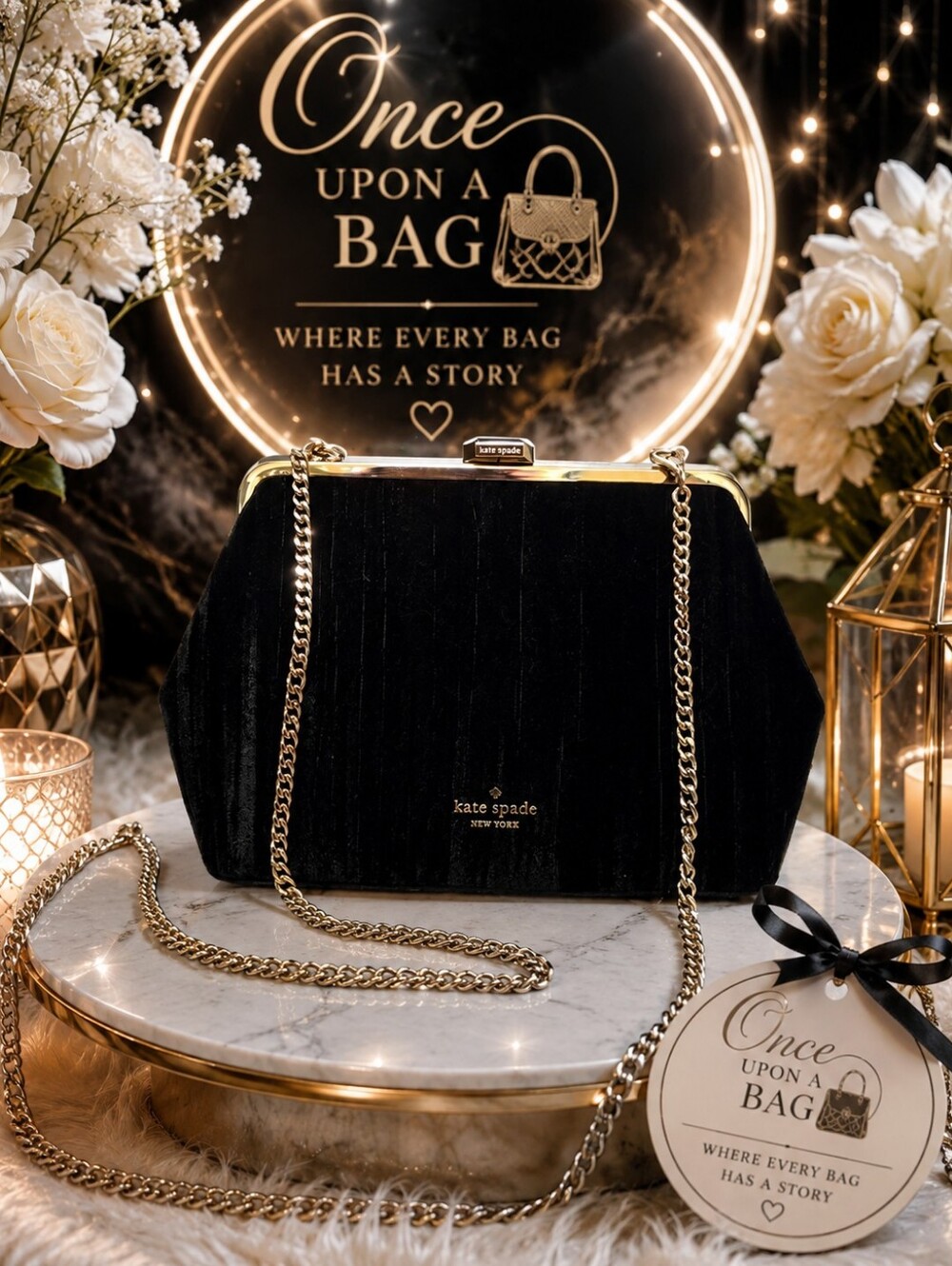 kate spade Black Velvet Gold-Trim Chain Clutch Crossbody